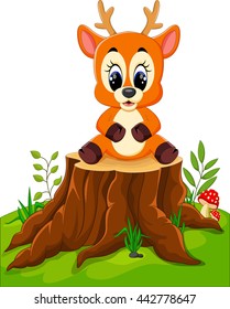 Cartoon deer posing on tree stump