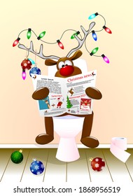 A cartoon deer reading a newspaper sitting on a toilet bowl. The antlers are decorated with Christmas balls and a luminous garland. Holiday Christmas.