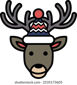 A cartoon deer with a red hat on its head. The hat has a red and blue stripe