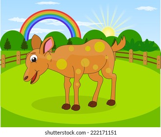 Cartoon deer and rural meadow with green grass on the mountain background. Natural landscape.