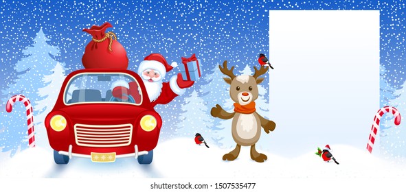 Cartoon deer and Santa Claus  in retro car wit gift box anr big Christmas bag rides near billboard for layout congratulation or letter with list wish to Santa Claus or announcement presentation 