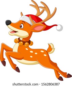 Cartoon deer in a santa hat jumping