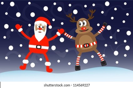 cartoon deer and Santa-Claus in snow and night