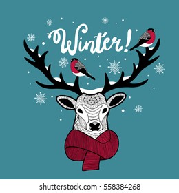 Cartoon deer in scarf with bullfinches on his horn. Vector print for winter holidays.