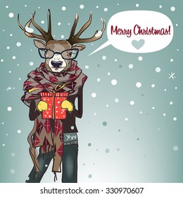 cartoon deer with scarf and present box - Christmas card