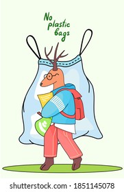 Cartoon deer schoolboy is going to school with a knapsack behind his back and fights for the environment. Animals save the earth's ecology. No plastic bags harmful to the environment concept
