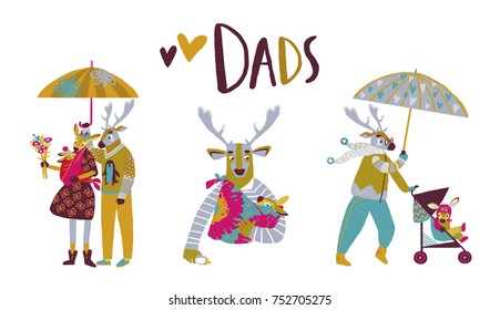 Cartoon Deer set of brightly colored childish animals. Cute Father and baby animals for Father's Day. Animals Template for Greeting Scrap-booking, Congratulations, Invitations. Vector