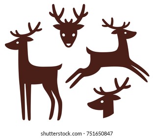 Cartoon deer silhouette set. Standing and jumping, head with antlers in front view and profile. Isolated vector illustration collection.