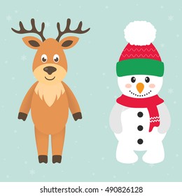cartoon deer and cartoon snowman
