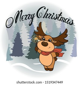 Cartoon deer with sparkler in forest vector image. Rudolf without costume. Merry Christmas Happy New Year design, flat style. Reindeer print for children. Toy reindeer. Holiday deer, Christmas mood
