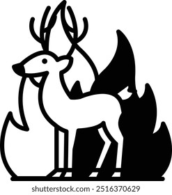 Ein Zeichentrickhirsch, der vor einem Feuer steht. Das Feuer ist orange und rot, und das Reh schaut in die Kamera