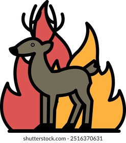 Ein Zeichentrickhirsch, der vor einem Feuer steht. Das Feuer ist orange und rot, und das Reh schaut in die Kamera
