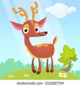 Cartoon deer standing on the summer meadow. Vector design isolated