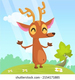 Cartoon deer standing on the summer meadow. Vector design isolated