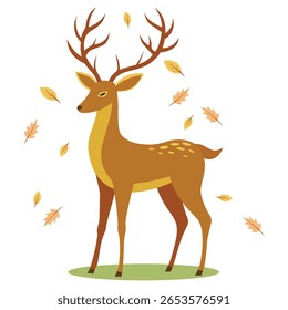 Um veado-desenho animado está em um patch verde, cercado por folhas de outono caindo em um design simples e plano.