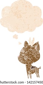 ciervo de dibujos animados con burbuja de pensamiento en un estilo retro angustiado y con textura de groseras