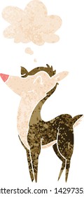 cartoon deer with thought bubble in grunge distressed retro textured style