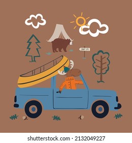 Cartoon Deer In a Truck At Camping Site
