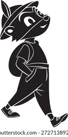 Cartoon Hirsch trägt einen Hut und Rucksack zu Fuß