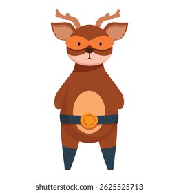 Cartoon deer wearing superhero costume with orange mask, belt and boots