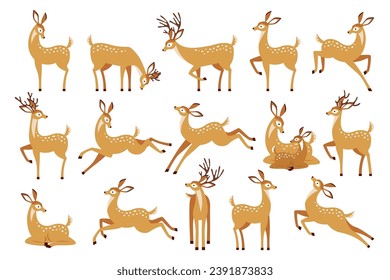 Cartoon deer wild animal forest fauna standing, lying, jumping, drinking and grazing set isolated on white. Cute bambi baby fawn, horny reindeer and spotted roe in various poses vector illustration