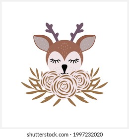 Cartoon deer with wreath clipart. Hand drawn vector stock illustration. EPS 10