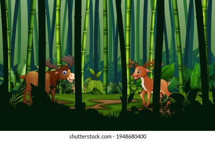 Cartoon of deers in bamboo forest