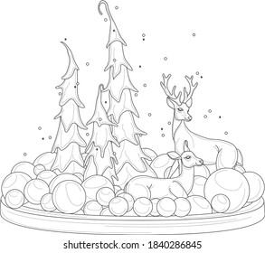 Cartoon deers with Christmas decoration balls and pine trees sketch template. Graphic vector illustration in black and white for games, background, pattern, decor. Coloring paper, page, story book