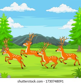 Cartoon deers running in the forest