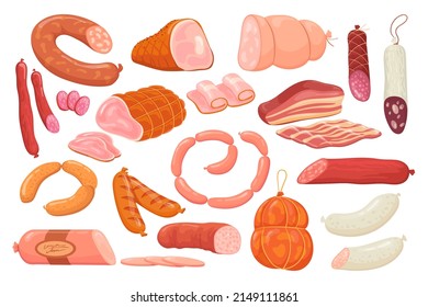 Cartoon Delicatessen Sausages. Pork Sausage Chorizo Or Ham Shopping Meat Market, Red Salami Tasty Pepperoni Smoked Wurstel Slices Fresh Bacon Butcher Deli, Neat Vector Illustration Of Sausage And Ham