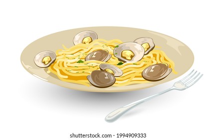 Cartoon of delicious alle vongole pasta, type of italian pasta with added whole seafood, cheese and greenery. Vector of restaurant spaghetti dinner. Idea of cooking and food isolated on white