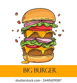 Cartoon delicious big hamburger with cheese and sesame seeds isolated on white background. Vector sticker icon.