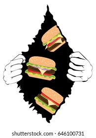 Cartoon delicious big tasty burger and human hands, fast food illustration.