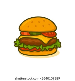 Cartoon Delicious Burger Illustration with Lettuce, Tomato and Cheese