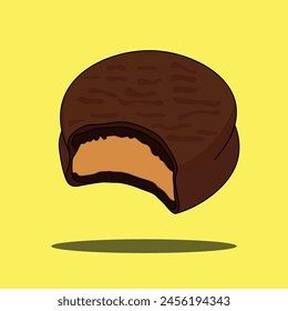 Cartoon of delicious chocolate alfajor filled with dulce de leche.	