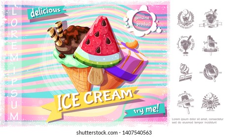 Cartoon delicious ice cream concept with colorful tasty icecream on stick and in wafer cone and monochrome design ice cream labels vector illustration