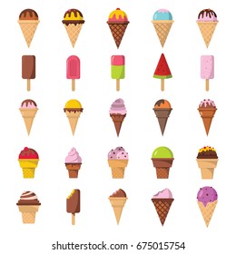 Cartoon delicious ice cream vector set. Chocolate and vanilla ice cream dessert illustration
