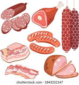 Cartoon delicious meat products. Vector illustration set.