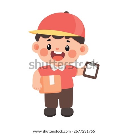 Cartoon Delivery Boy Holding Package and Clipboard