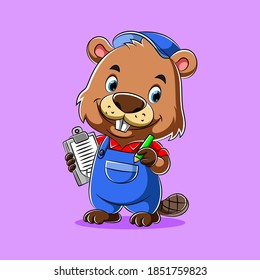 The cartoon of the delivery courier beaver holding the pen and the paper to check the costumer