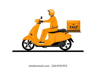 Corredor de entrega de caricaturas con uniforme en motocicleta, ilustración vectorial.