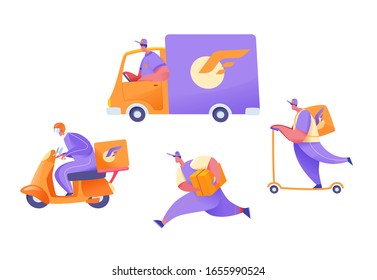 Cartoon delivery couriers on cargo van, scooter, motorbike and on foot with parcels set. Vector delivery service workers collection. Shipping and goods transportation concept. Logistics flat people