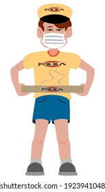 A cartoon delivery guy wearing a protective face mask is holding a pizza