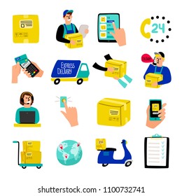 Cartoon delivery icons. Fast delivery vector illustration with quick courier and truck van, container package and warehouse cargo receiving isolated on white