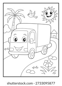 Cartoon Delivery Lorry Coloring Sheet for Toddlers and Preschoolers. Transportation Theme Educational Activity Page for Kids. Simple Bold Outlines