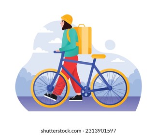 Cartoon delivery man with backpack rides bicycle to deliver order to customer. Regional parcel carriers. Modern postal system and urban lifestyle. Vector illustration