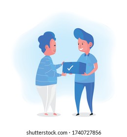 A cartoon of delivery man deliver a parcel to customer after he order it online