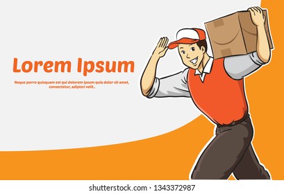 cartoon delivery man in orange uniform banner