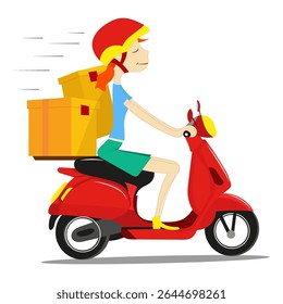 Cartoon of delivery man in red helmet riding red scooter carrying orange package depicted in motion on white background.