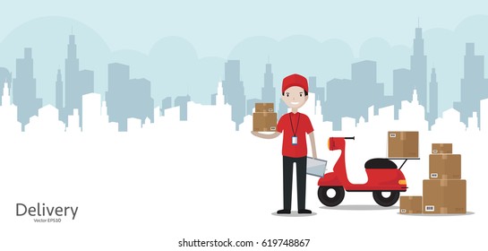 Cartoon Delivery Man In Red Uniform With Motorbike - Web Banner With Copy Space